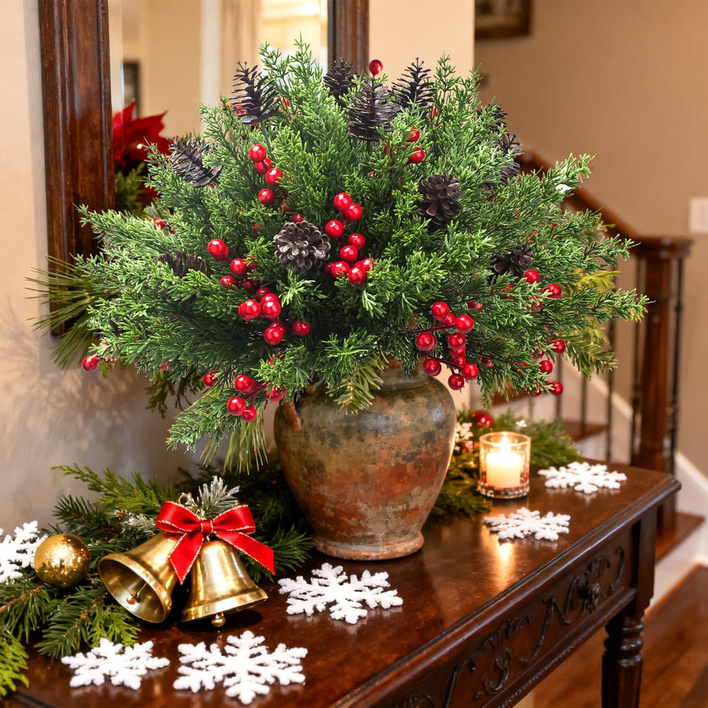 68 Pcs Christmas Decorations Artificial Pine Greenery Picks with Pinecones & Berries, Fake Snowy Mixed Evergreen Branches for Holiday Xmas Tree Mantle Table Centerpiece Decor