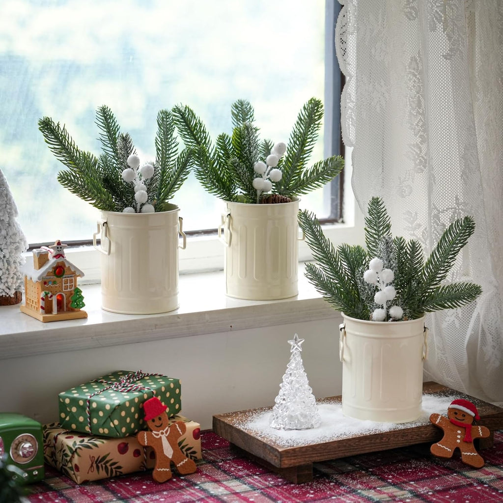 White Christmas Centerpieces for Tables, 3 Pack Mini Christmas Artificial Pine Tree with Berries in Metal Pots, Farmhouse Winter Tabletop Xmas Decorations for Home, Mantel
