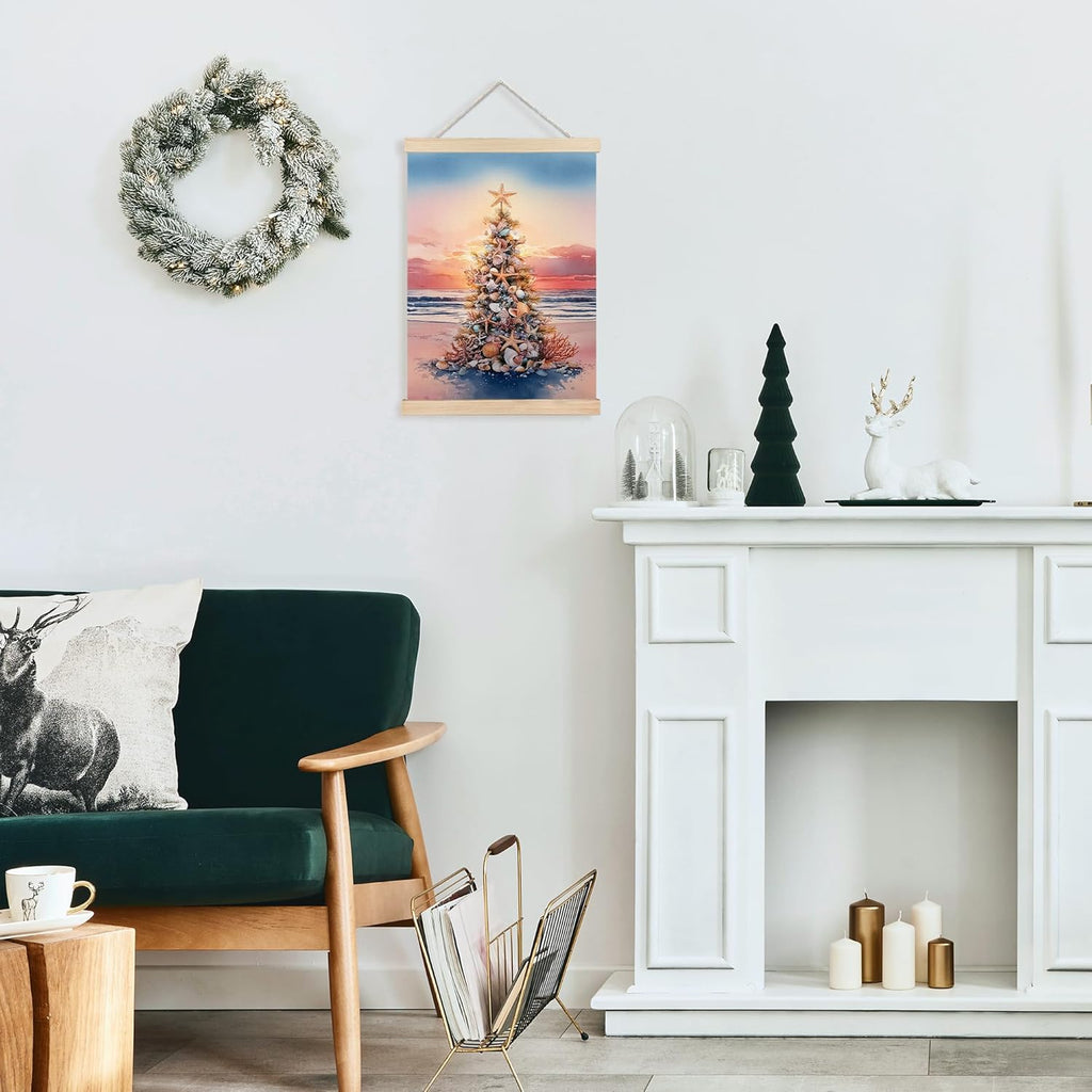FDHSPAAM Beach Christmas Tree Wall Art Decor, Coastal Christmas Decor, Tropical Sunset Ocean Starfish Seashell Holiday Wall Art Posters for Beach House Home Bedroom Living Room, 12x16 Inch