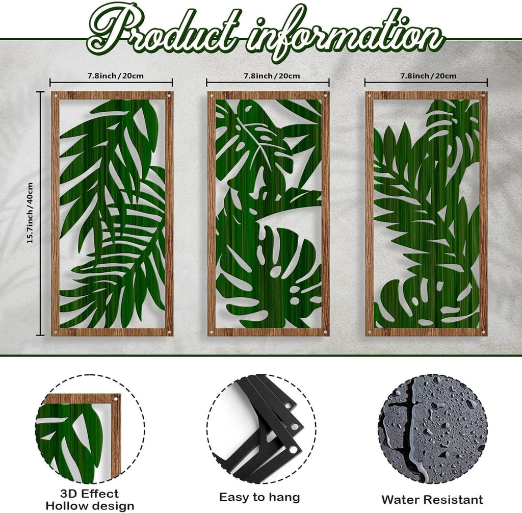 Oubasa Metal Palm Leaves Wall Decor, 3 Pcs Boho Palm Leaf Wall Art Bathroom Decor, Tropical Botanical Plant Art for Home Bedroom Decoration, 15.7 x 7.8 Inches