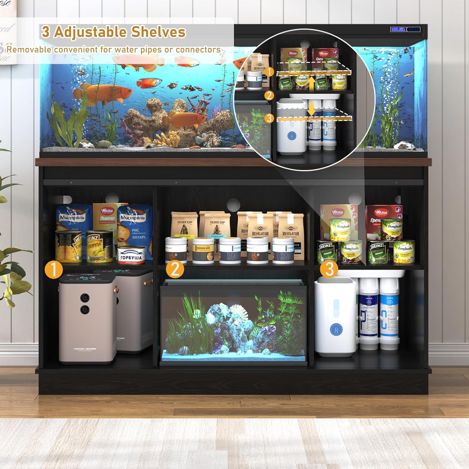 Farmhouse 55-75 Gallon Fish Tank Stand with Power Outlet, Aquarium Stand w/Cabinet&Sliding Barn Door, Heavy Duty Reptile Tank Stand for Fish/Turtle/Reptile Terrarium, 880LBS Capacity, Black