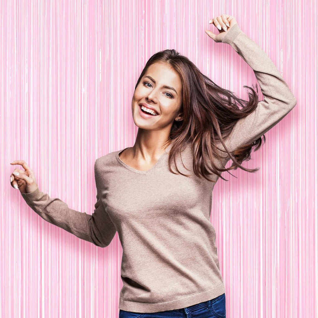 2 Pack Pastel Pink Tinsel Foil Fringe Curtains, Pink Party Decorations, Metallic Tinsel Party Streamers Backdrop for Birthday Baby Shower Graduation Wedding Gender Reveal Party Decorations