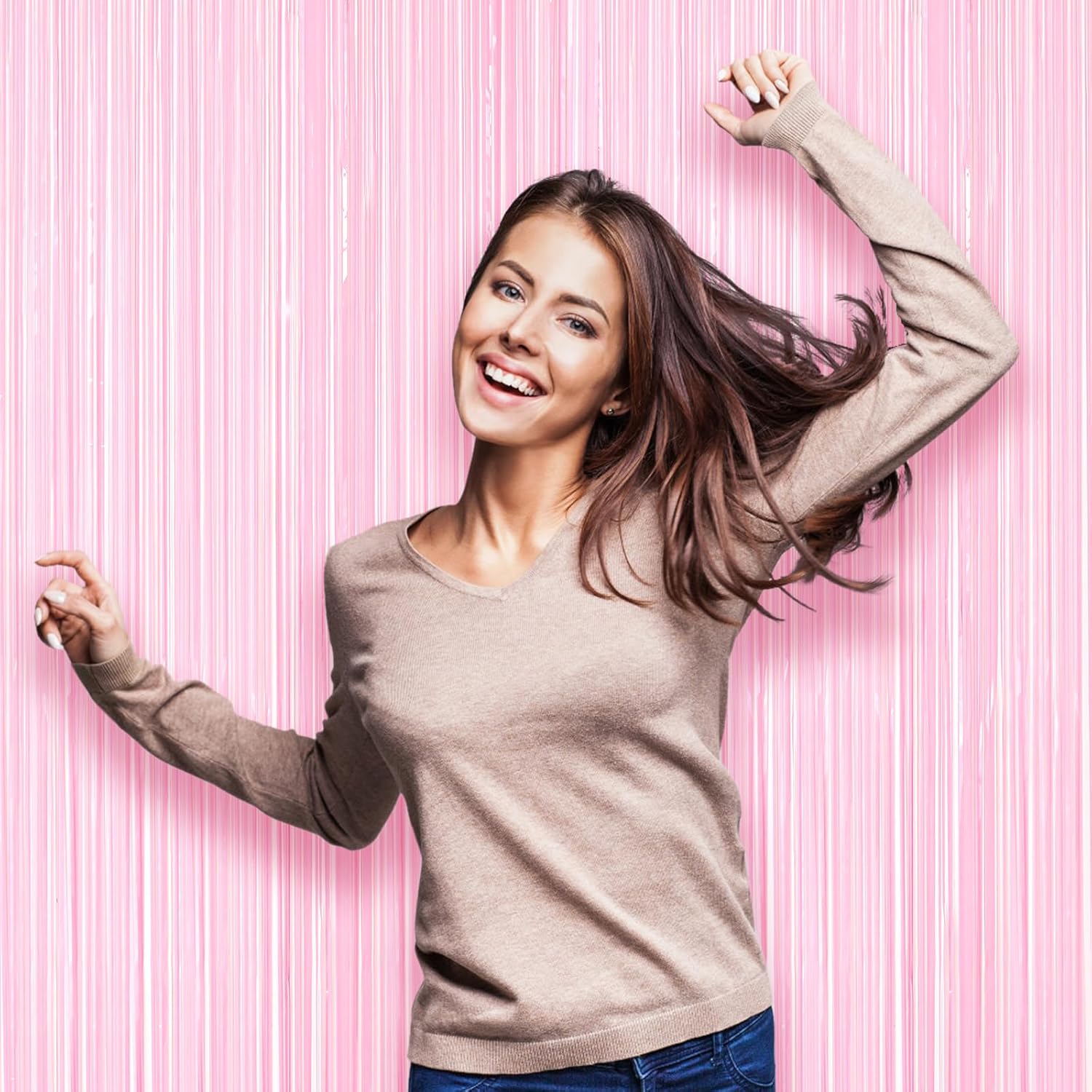 2 Pack Pastel Pink Tinsel Foil Fringe Curtains, Pink Party Decorations, Metallic Tinsel Party Streamers Backdrop for Birthday Baby Shower Graduation Wedding Gender Reveal Party Decorations
