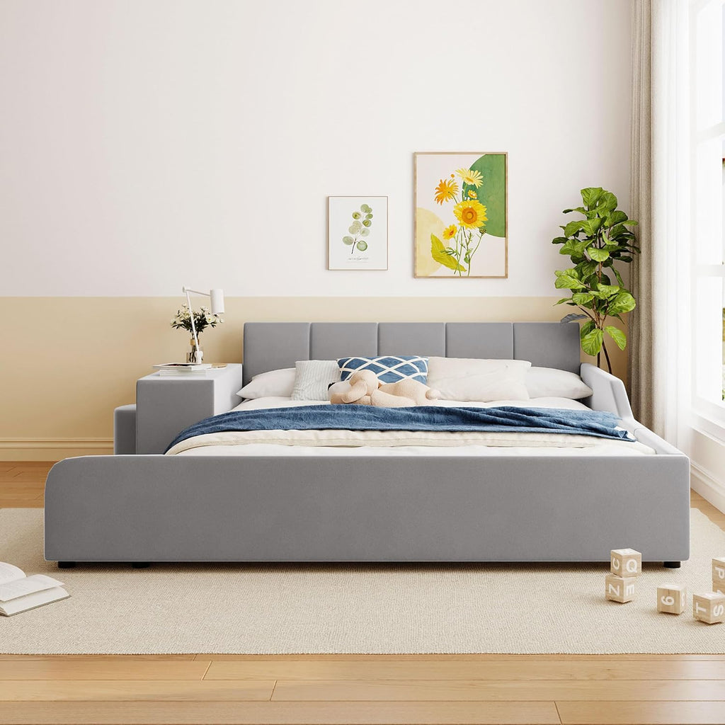 Merax Queen Size Upholstered Plush Velvet Pink Mother and Baby Bed with Large Cushioned Ground Bed, Bedside Table,and Round Stool,Grey