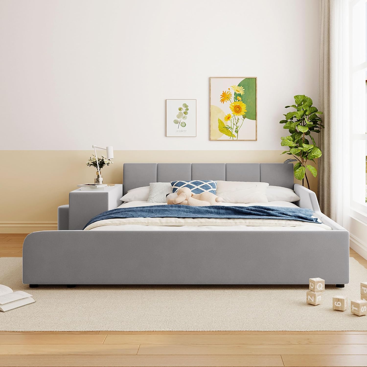 Merax Queen Size Upholstered Plush Velvet Pink Mother and Baby Bed with Large Cushioned Ground Bed, Bedside Table,and Round Stool,Grey
