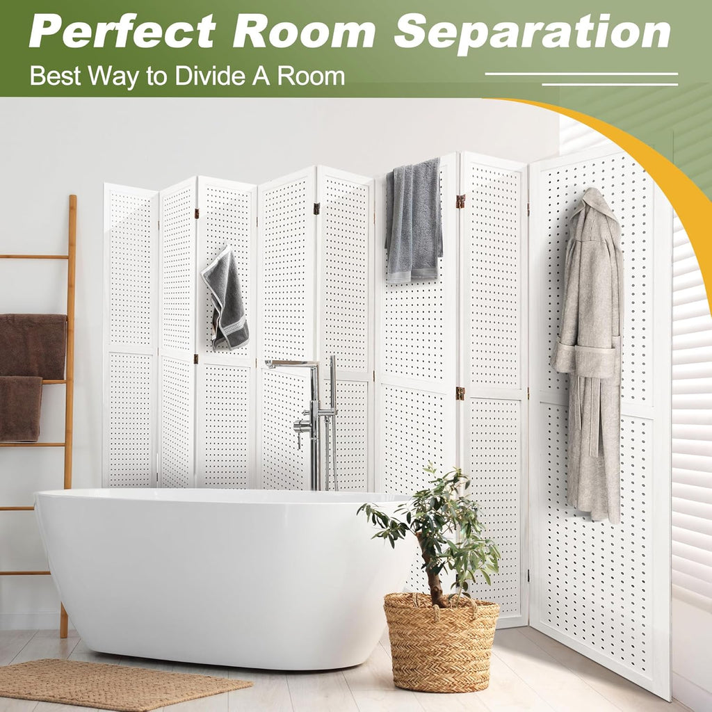 NicBex Room Divider 8 Panel Pegboard Display 5.6FT Wood PegBoard Room Dividers, Folding Privacy Screens Portable Display Board Wall Divider for Craft/Art Shows, Room Separation, White