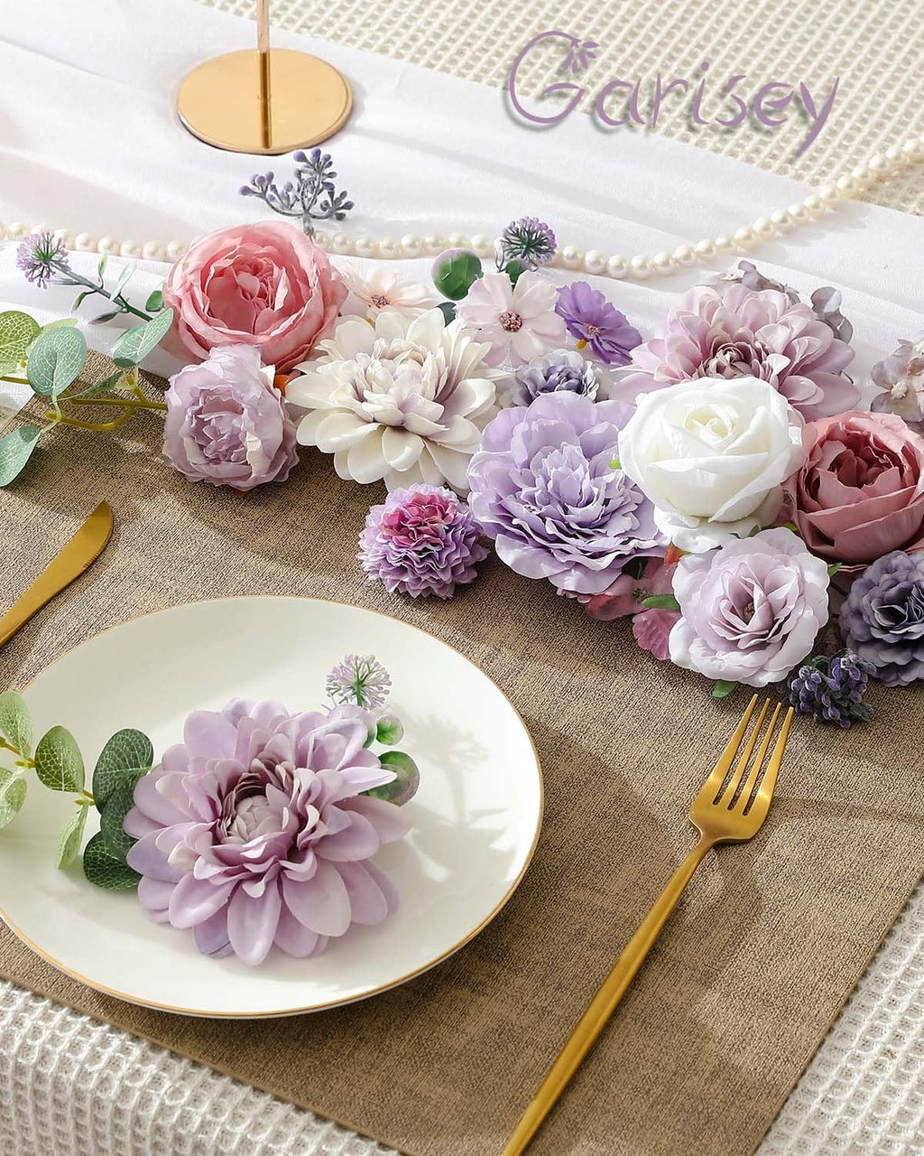 Artificial Flowers Combo Box Set Purple Fake Silk Flower for DIY Wedding Bouquet Arrangements Bridal Shower Party Home Decorations(White Purple Peony)