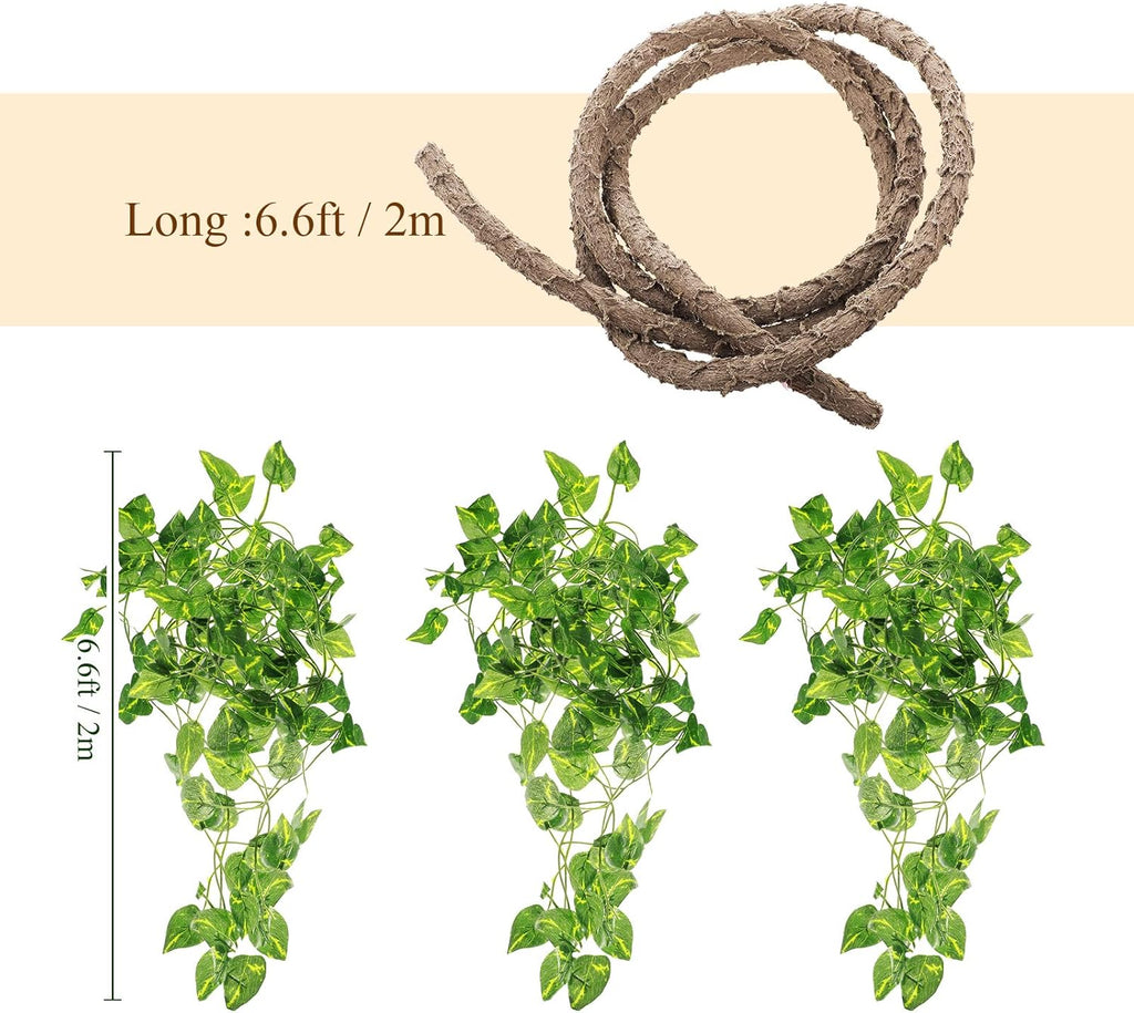 4 Pcs Reptile Vines, Flexible Bendable Jungle Climbing Vine Terrarium, Fake Plants for Reptiles, Artificial Leaves Terrarium Tank Pet Habitat Decor for Bearded Dragons, Lizard, Snake, Gecko