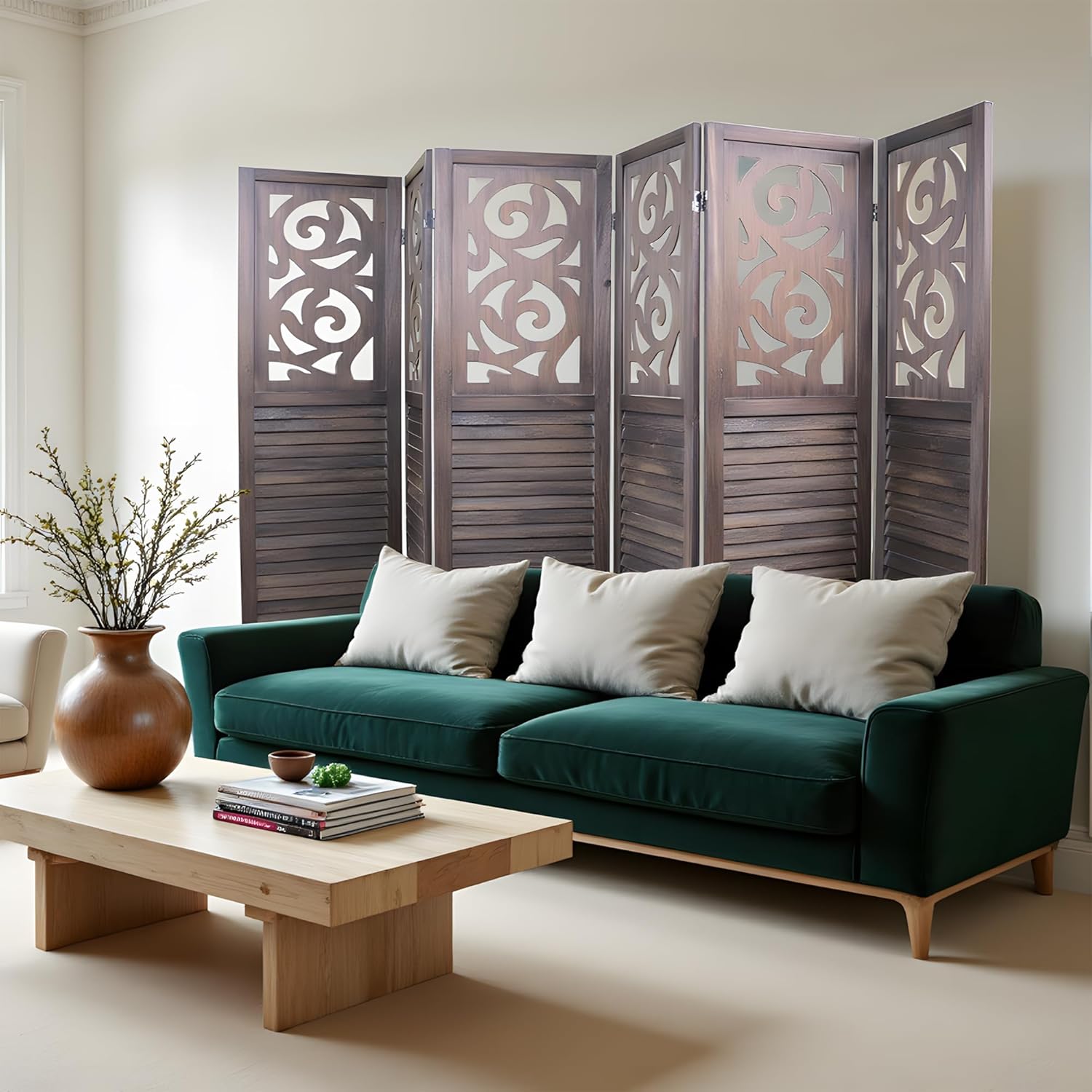 6 Panel Room Dividers 6FT Wall Divider Carved Wood Room Separator Folding Privacy Screens Cutout Design Foldable Partition Wall for Office Restaurant, Studio Apartment, Rustic Brown