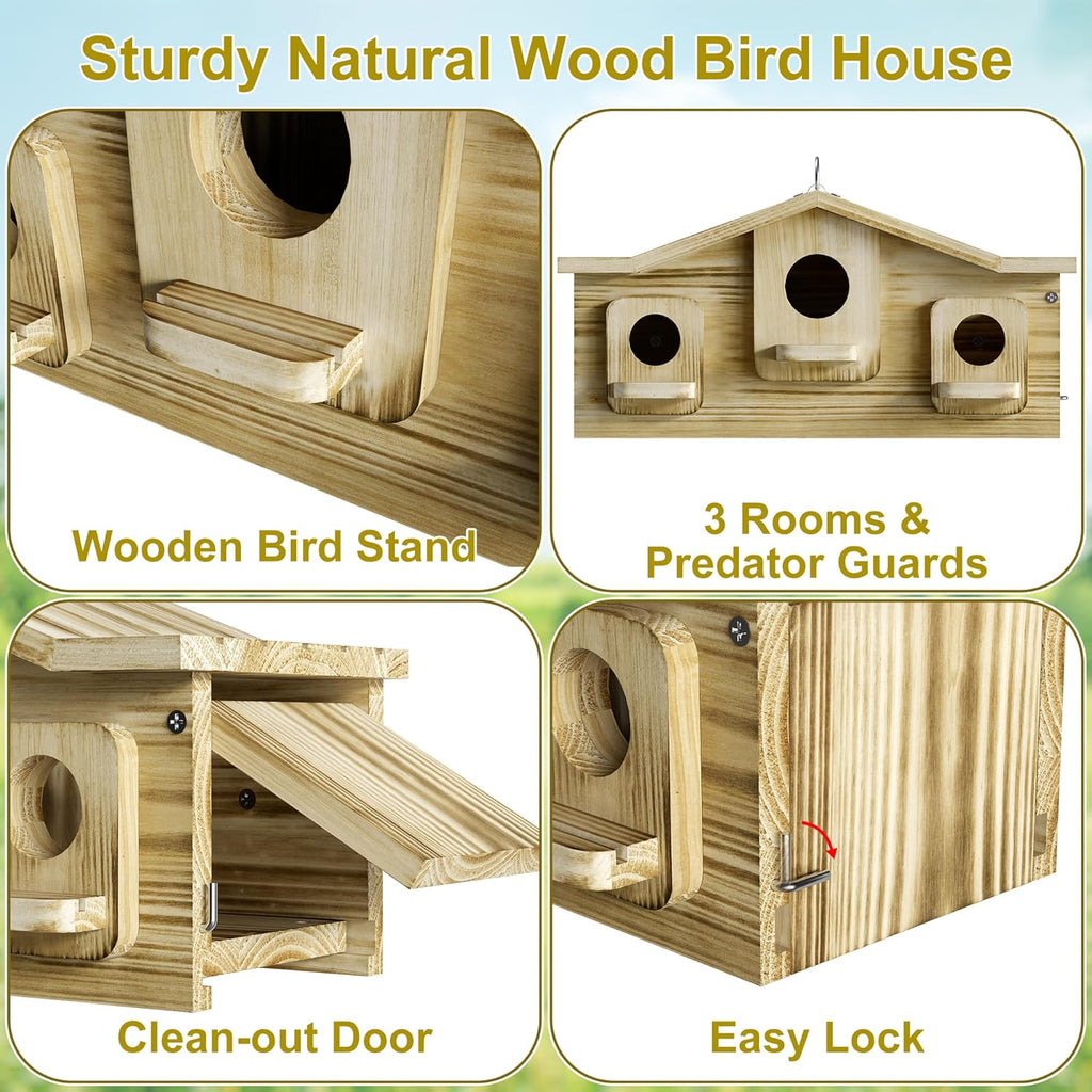 Auslar Bird House, Bird Houses for Outside for 3 Bird Families, Wooden Birdhouse for Outdoors, 3 Hole Hanging Bluebird House for Cardinals Finch Wren Swallow for Garden Viewing