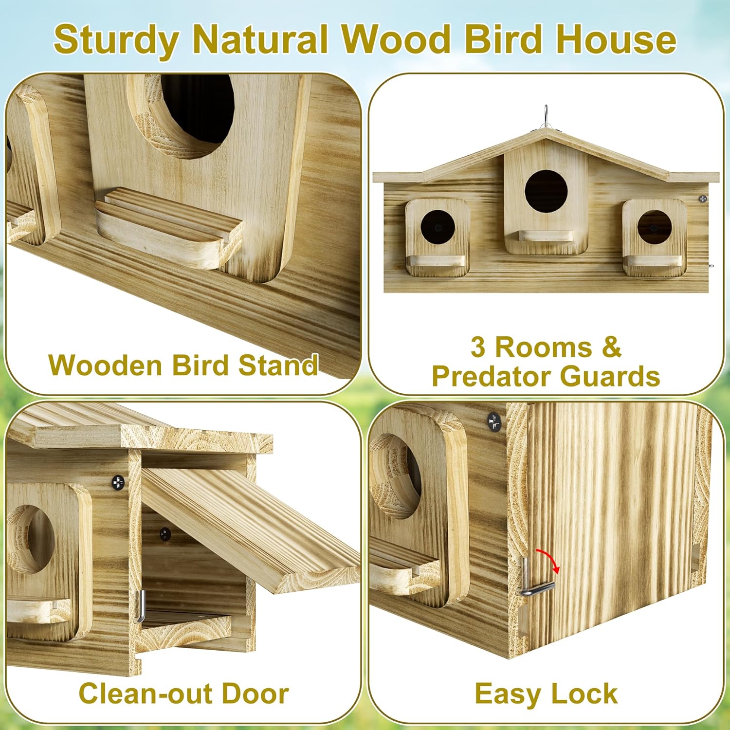 Auslar Bird House, Bird Houses for Outside for 3 Bird Families, Wooden Birdhouse for Outdoors, 3 Hole Hanging Bluebird House for Cardinals Finch Wren Swallow for Garden Viewing
