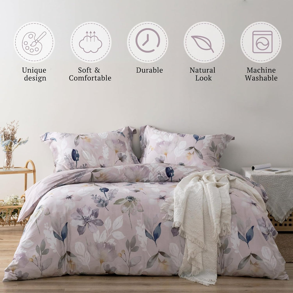 MILDLY 100% Long-Staple Cotton Duvet Cover Set Light Gray Pink Floral Leaf Pattern Printed Comforter Cover 3pcs, Ultra Soft & Breathable Bedding Set