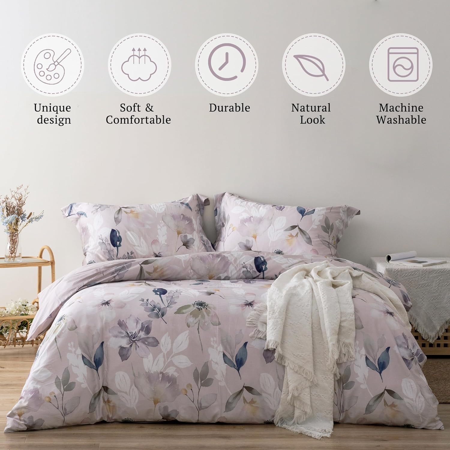MILDLY 100% Long-Staple Cotton Duvet Cover Set Light Gray Pink Floral Leaf Pattern Printed Comforter Cover 3pcs, Ultra Soft & Breathable Bedding Set