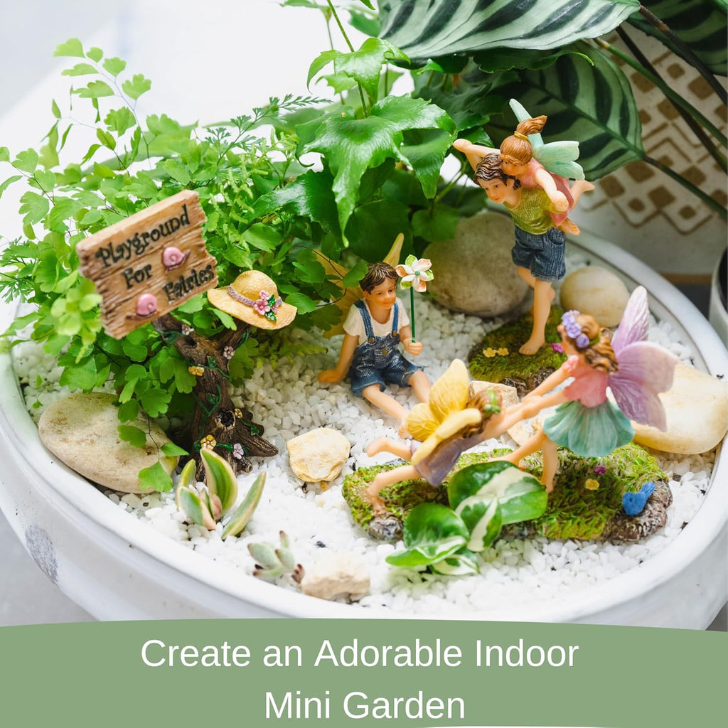 PRETMANNS Fairies for Fairy Garden - Accessories Kit for Indoor Outdoor Miniature Garden – Boy & Girl Figurines with a Cute Sign – 4-Piece Colorful Playground Set