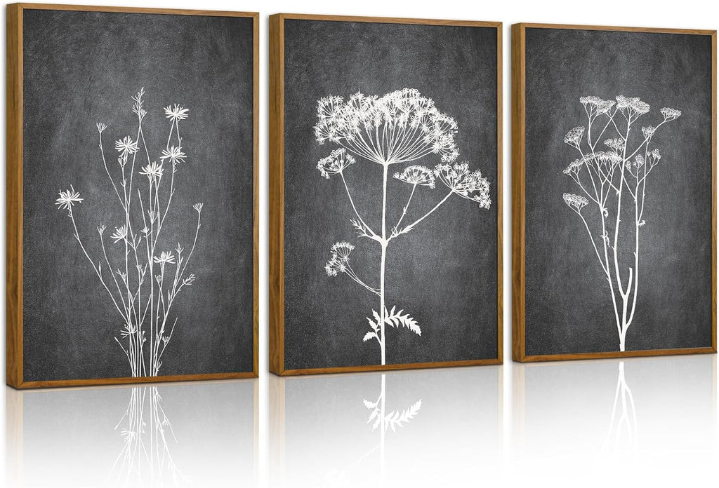 Tinonedraw Black and White Floral Framed Canvas Wall Art Set, Vintage Flower Wall Decor, Dark Academia Minimalist Botanical Art Paintings, Wildflower Art Print for Living Room Bedroom Office 16"x24"x3