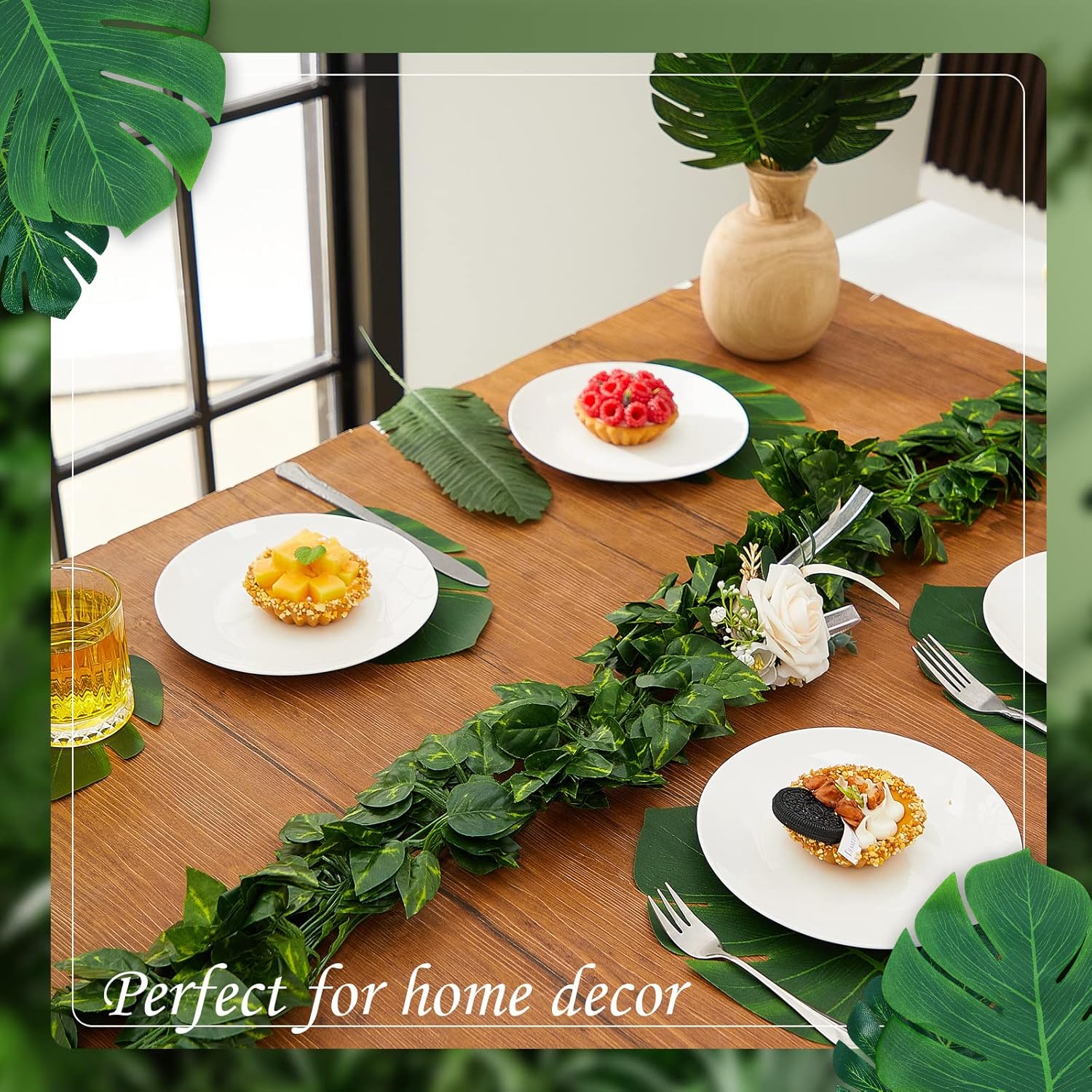 XunYee 84 Pcs Artificial Jungle Vines Tropical Leaf Garland and Monstera Palm Leaves Jungle Decoration Set, Fake Ivy Vines Green Greenery Faux Leaves for Baby Shower Safari Tropical Party Decoration