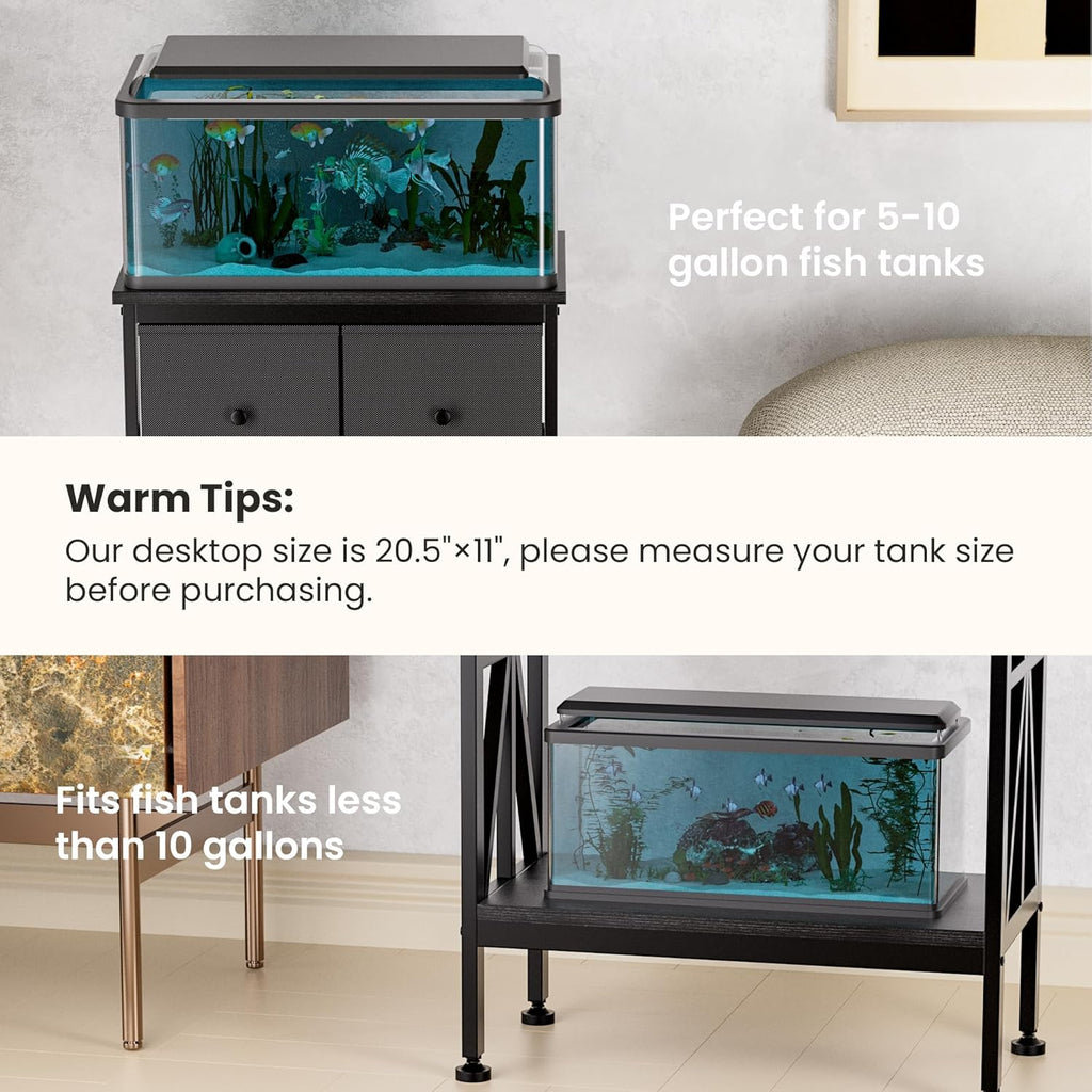 TRZZ 5-10 Gallon Fish Tank Stand, Heavy Duty Aquarium Stand with Dual-Tiered Cabinet, Accessory Storage Solution for Viewing Experience in Home & Office (20.47" L * 11.02" W), Black