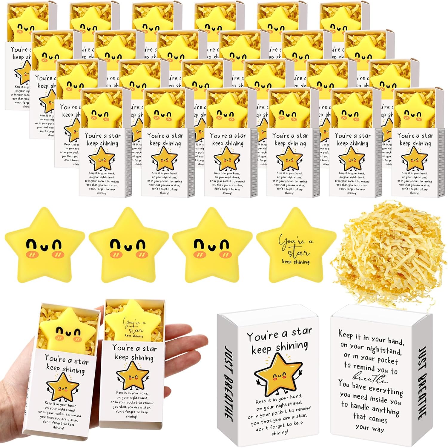 Wettarn 24 Sets Star Positive Gifts Cute Stress Balls with Gift Boxes Inspirational Party Favors for Employee Coworker Students Relief Toys, You are a Star Keep Shining