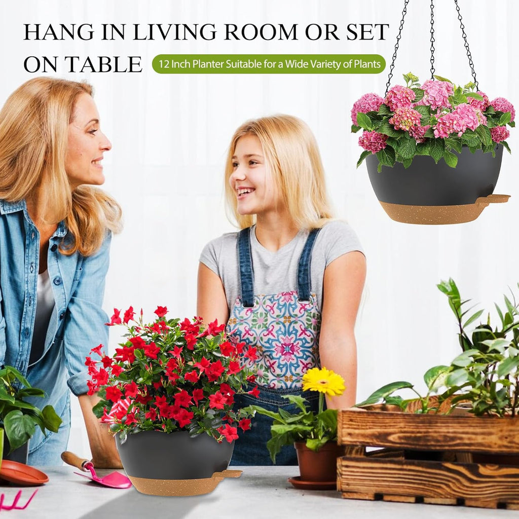 12 Inch Hanging Baskets 2 PC with Chains, Self-Watering Hanging Planters for Indoor Outdoor Plants, Plastic Hanging Flower Pots,Black Brown