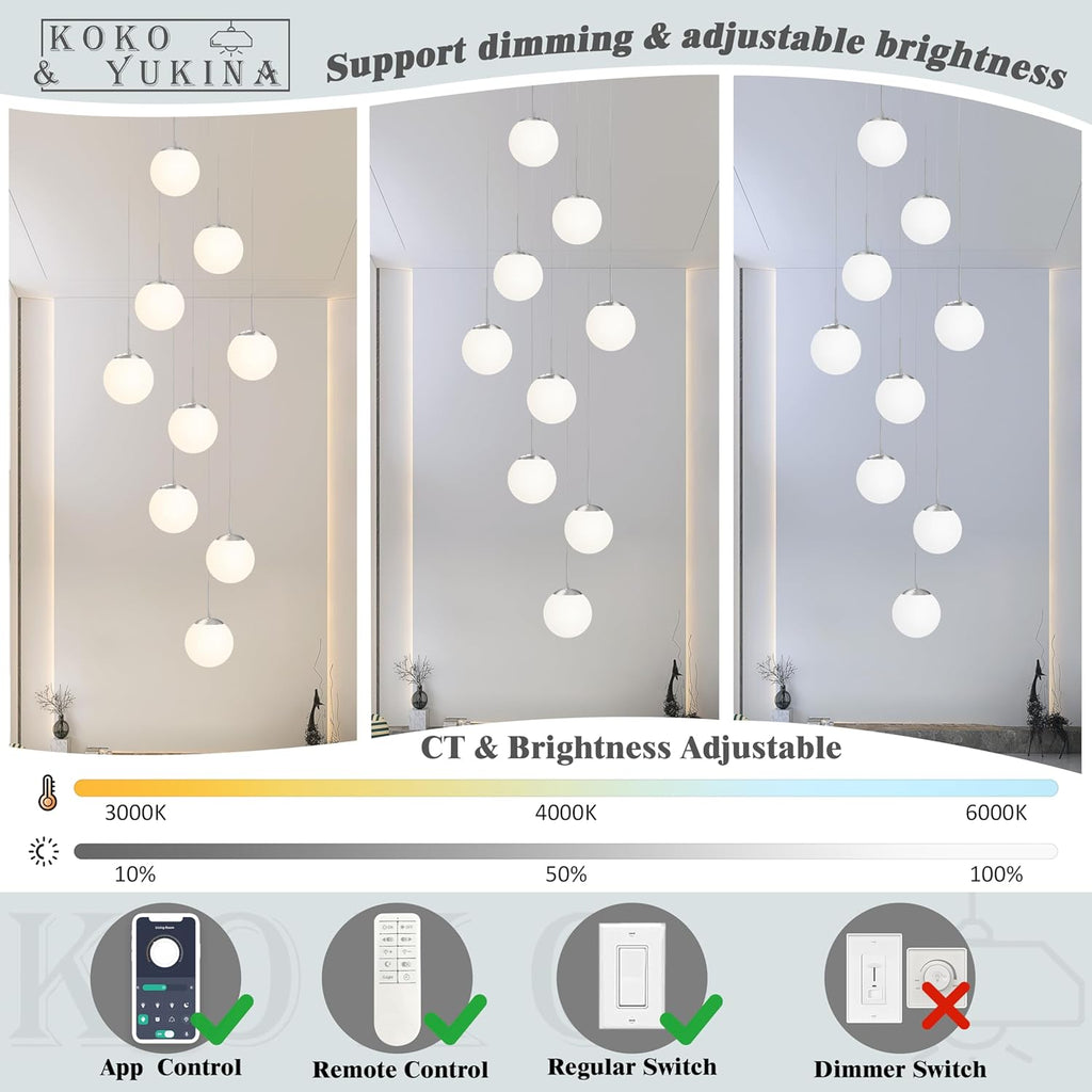 KoKo&Yukina 9-Light Globe Milky White Glass Pendant Light Adjustable Length Pendant Lights Modern Glass Globe Pendant Lights Nickel Chandeliers Large Chandeliers for High Ceiling (Bulb & Remote Incl)
