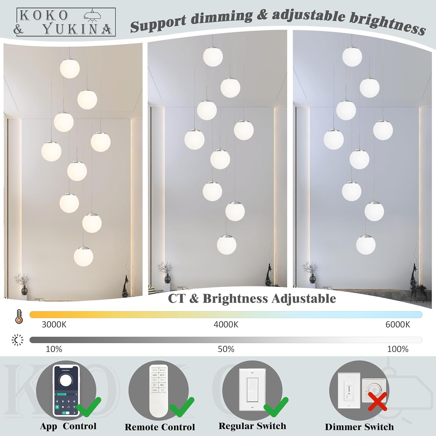 KoKo&Yukina 9-Light Globe Milky White Glass Pendant Light Adjustable Length Pendant Lights Modern Glass Globe Pendant Lights Nickel Chandeliers Large Chandeliers for High Ceiling (Bulb & Remote Incl)