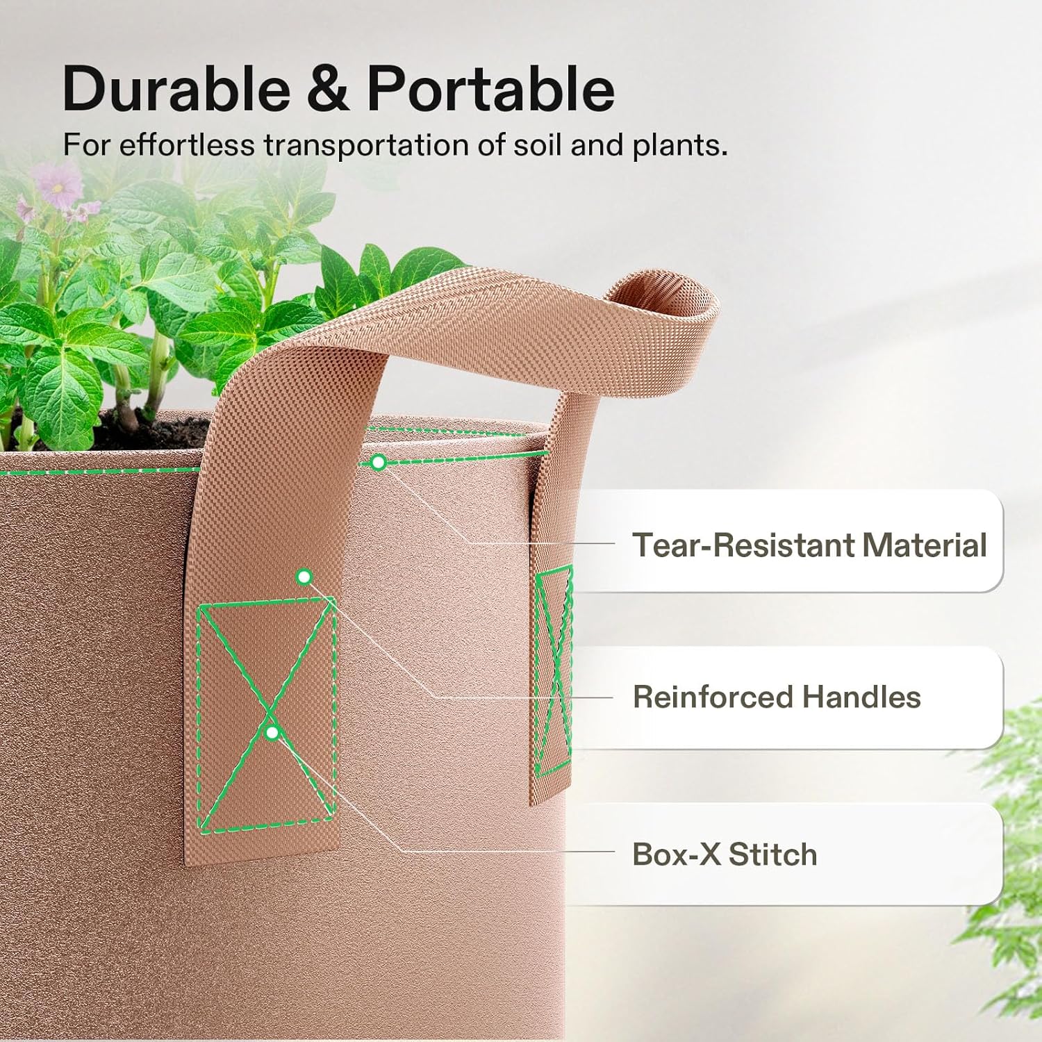 VIVOSUN 5-Pack 7 Gallons Grow Bags Heavy Duty Thickened Nonwoven Fabric Pots with Strap Handles Tan