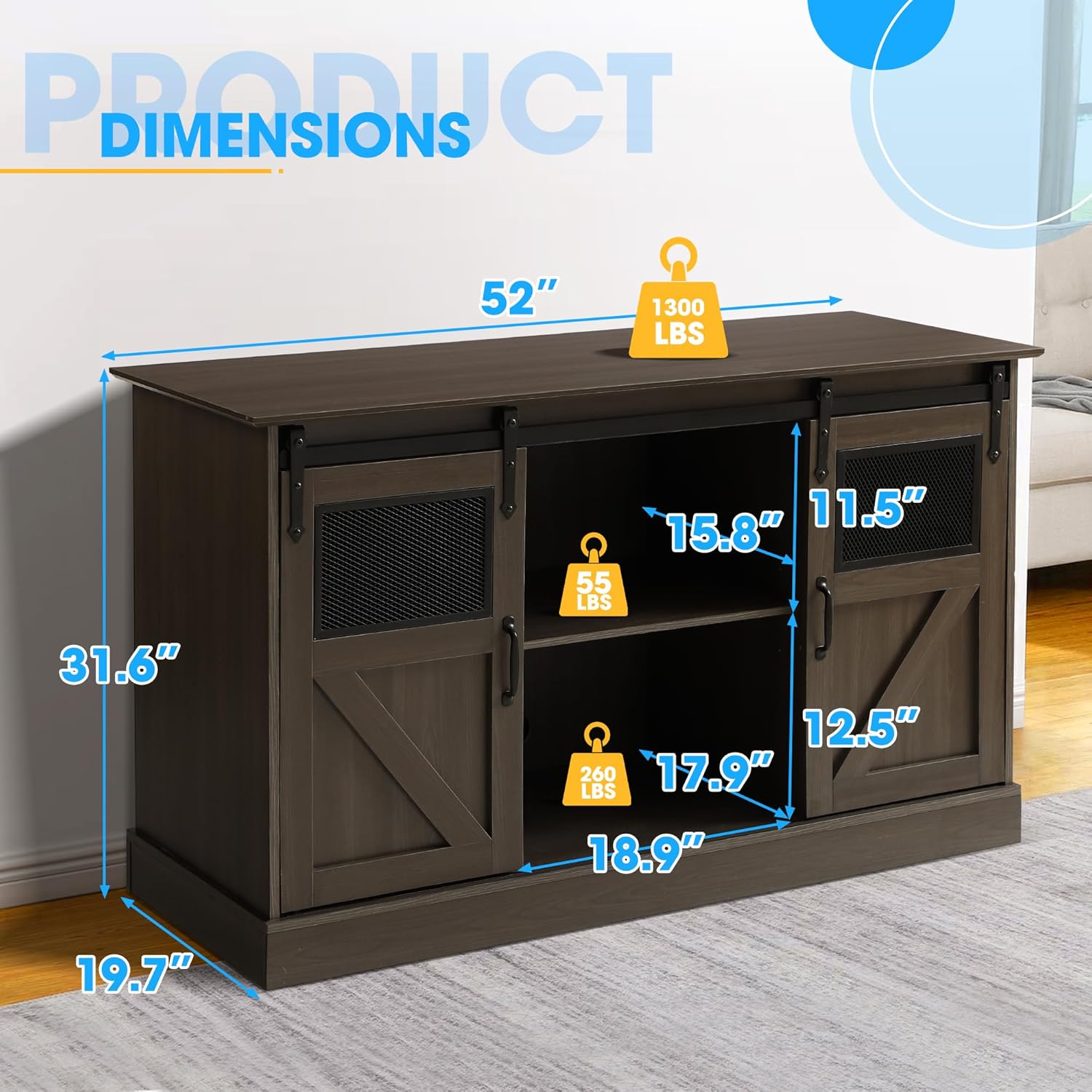 TITIMO 55-75 Gallon Fish Tank Stand with Power Outlet, Heavy Duty Large Aquarium Stand with Sliding Barn Door and Cabinet Storage for 2 Fish Tank Turtle Tank Reptile Terrarium, 1300LBS Capacity(Brown)