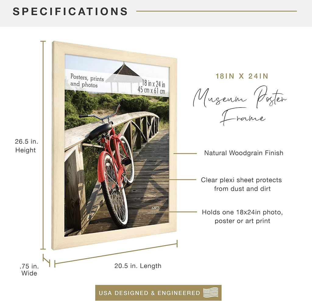 MCS Museum Poster Frame 18x24 Natural Woodgrain, Vertical & Horizontal Wall Hanging Large Picture Frame for Photos, Posters & Art Prints (1-Pack)