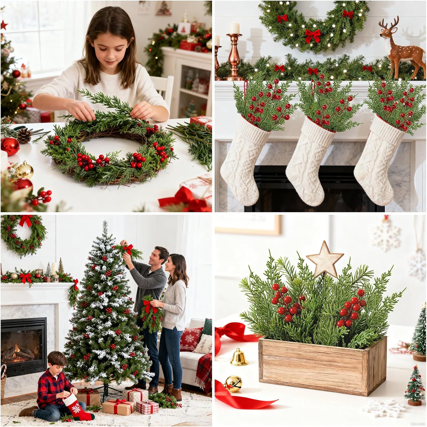 Ouddy Decor 80 Pcs Christmas Artificial Pine Branches, 12" Faux Norfolk Pine Cypress Leaves with Red Berry Stems for Christmas Tree Wreath Garland DIY Craft Table Vase Decor