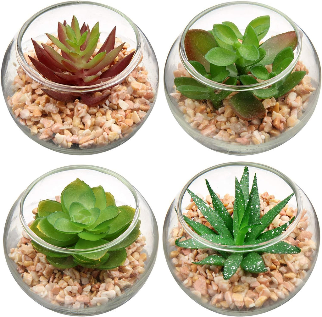 Briful Mini Fake Plants 4 Packs Cute Succulents Artificial Plants Potted Faux Succulents in Round Glass Vase for Bathroom Living Room Kitchen Shelf Table Decor