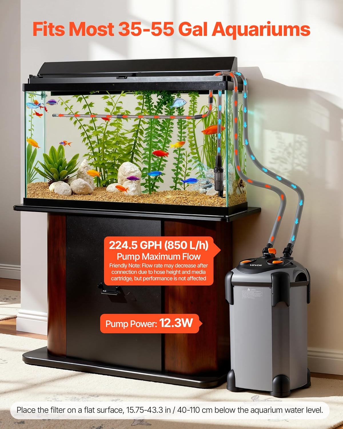 VEVOR 224.5GPH Canister Filter, 3-Stage External Aquarium Filter with Powerful Pump, Quite Water Circulation Cleaning Machine with Media for Fish Tanks and Aquariums Up to 55 Gallons, for Freshwater