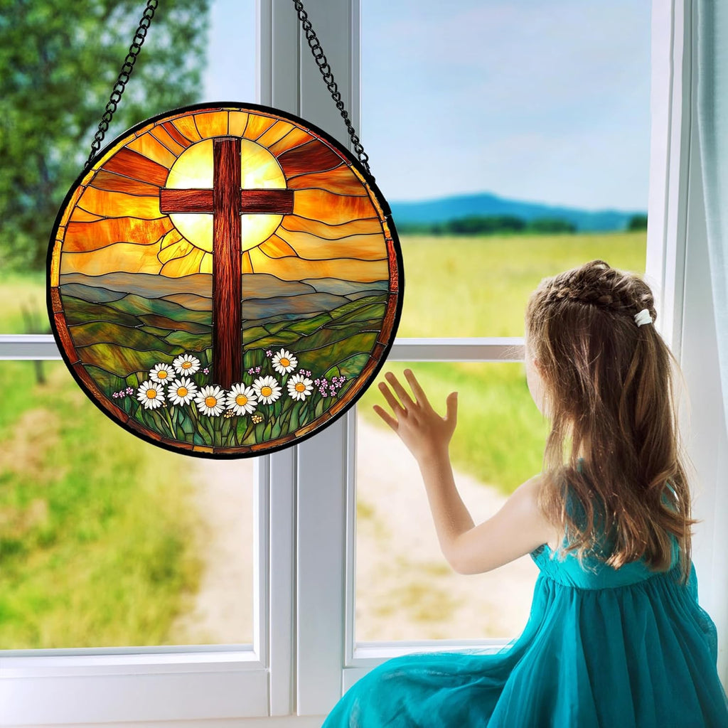 Christian Gifts for Women - Cross Stained Glass Window Hanging Easter Daisy Natural Landscape Sun Catcher Garden Religion Decor Mother's Day Catholic Gift for Men Grandma Mom Her Nana 9.8"