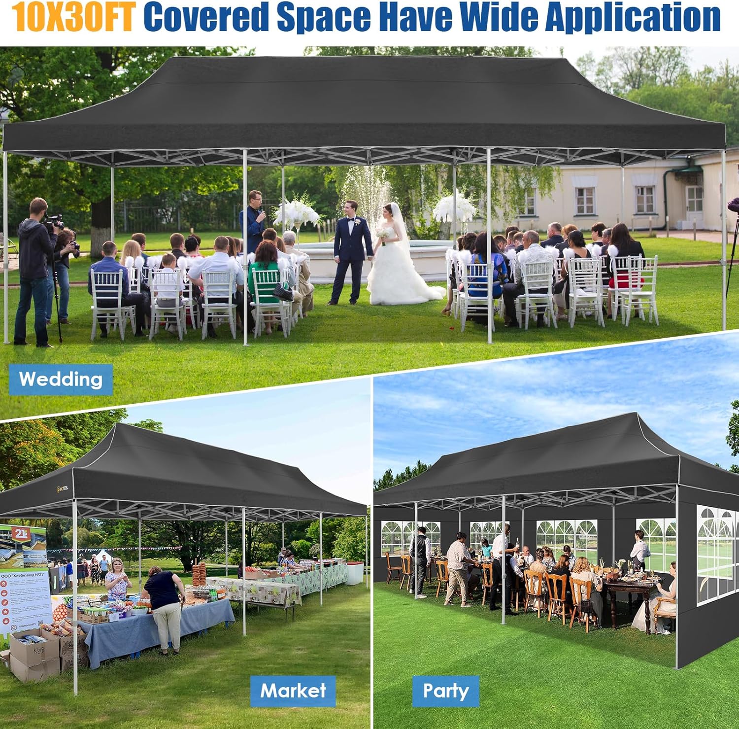 HOTEEL 10x30 Pop up Canopy Tent for Parties, Heavy Duty Easy Setup Tent with 8 Sidewalls, Outdoor Commercial Instant Gazebo for Wedding Event, with Portable Bag & Sand Bags, Black(Hexagonal Frame)