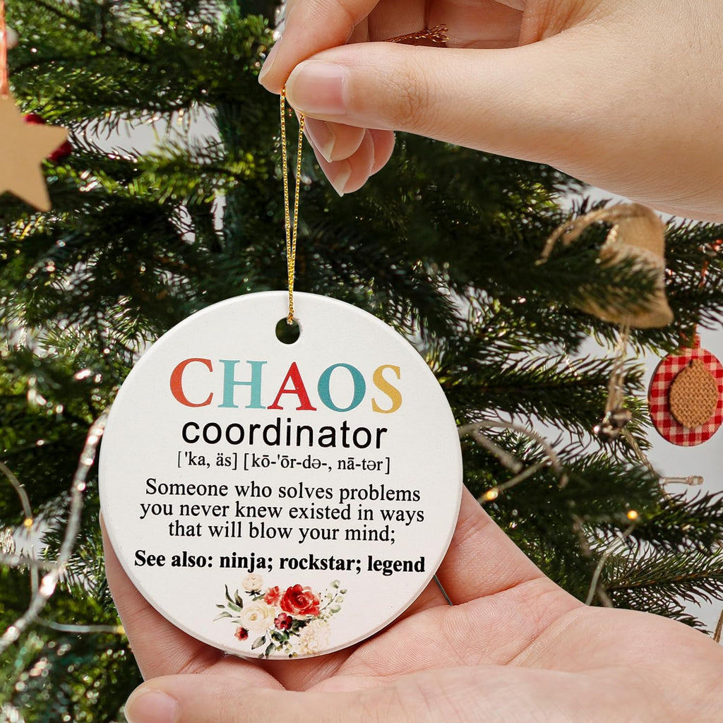 Chaos Coordinator Christmas Ornament Ceramic Mini Xmas Tree Decorations Thank You Gift for Women Coworker Manager Lady Boss Appreciation Inspiration Gift Office Cute Christmas Decorative Ornament