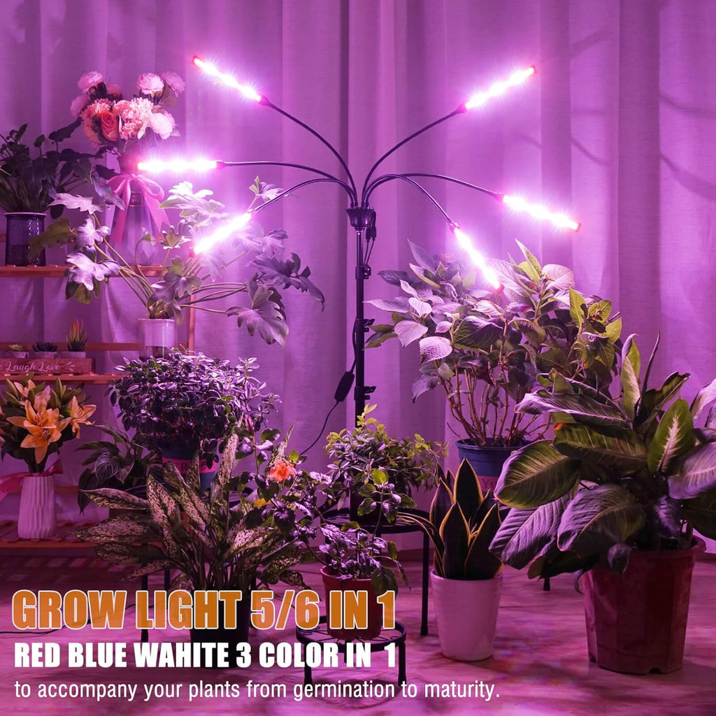 Grow Lights for Indoor Plants Full Spectrum with Stand and Timer, 5 Heads LED Plant Lights for Indoor Growing, Standing Floor House Plant Lamp for Seed Starting. (Red+Blue+White)