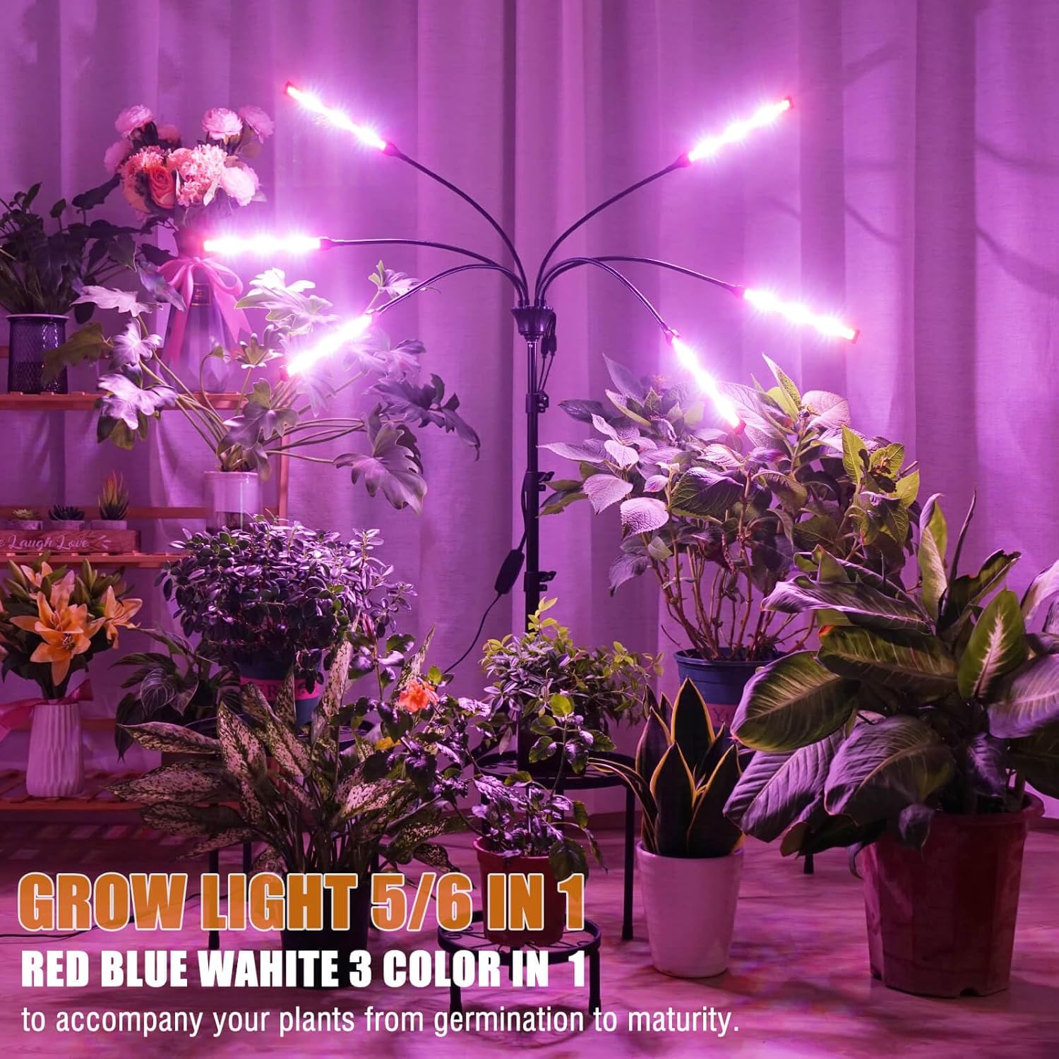 Grow Lights for Indoor Plants Full Spectrum with Stand and Timer, 5 Heads LED Plant Lights for Indoor Growing, Standing Floor House Plant Lamp for Seed Starting. (Red+Blue+White)