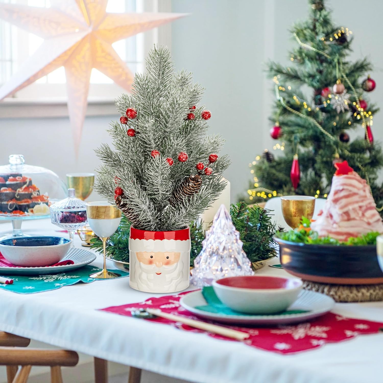 Small Christmas Tree Tabletop Snowman Potted Plants with Vase 14.2" Artificial Mini Xmas Tree Decorations Slim Pine Needles Plant with Christmas Ball Ornaments Berries Pine Cones Home Christmas Decor