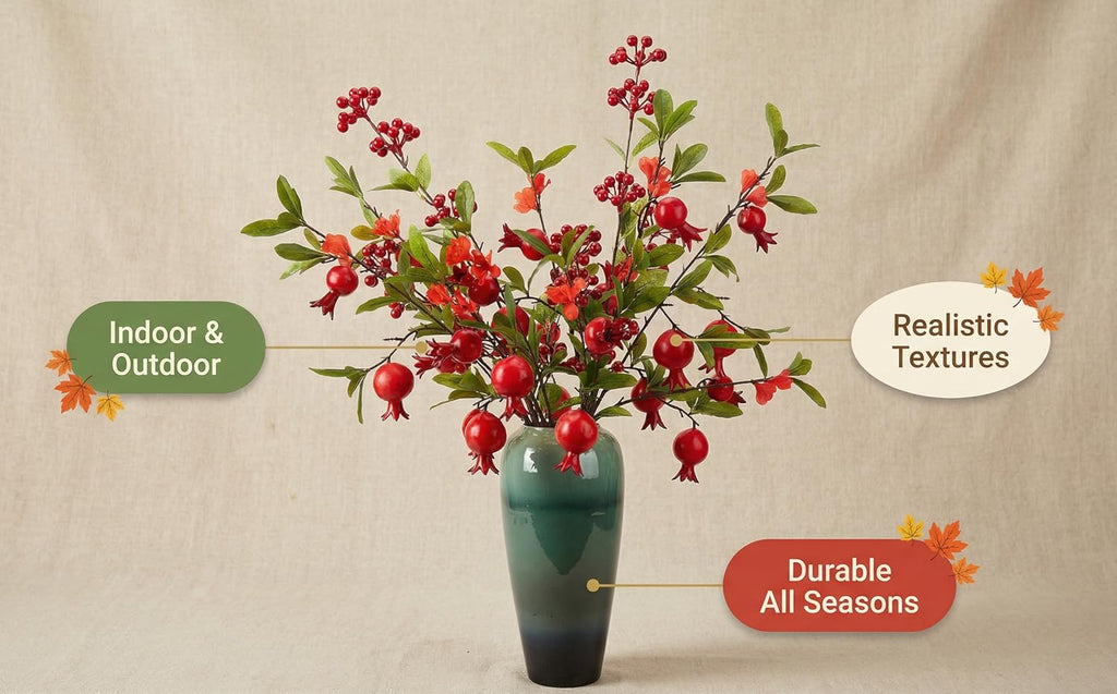 Artificial Pomegranate & Red Berry Stems - Autumn Christmas Decorations for Tree, Wreaths, Table Centerpiece & DIY Crafts