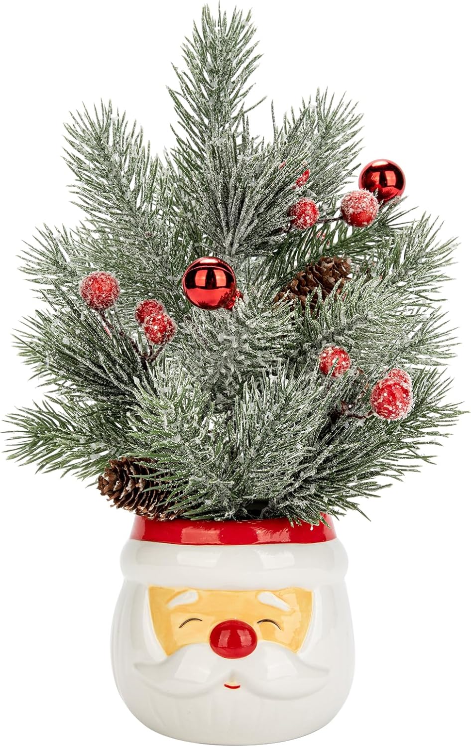 Small Christmas Tree Tabletop Snowman Potted Plants with Vase 11" Artificial Mini Xmas Tree Decorations Pine Needles Plant with Christmas Ball Ornaments Berries Pine Cones Slim Tree Party Home Decor