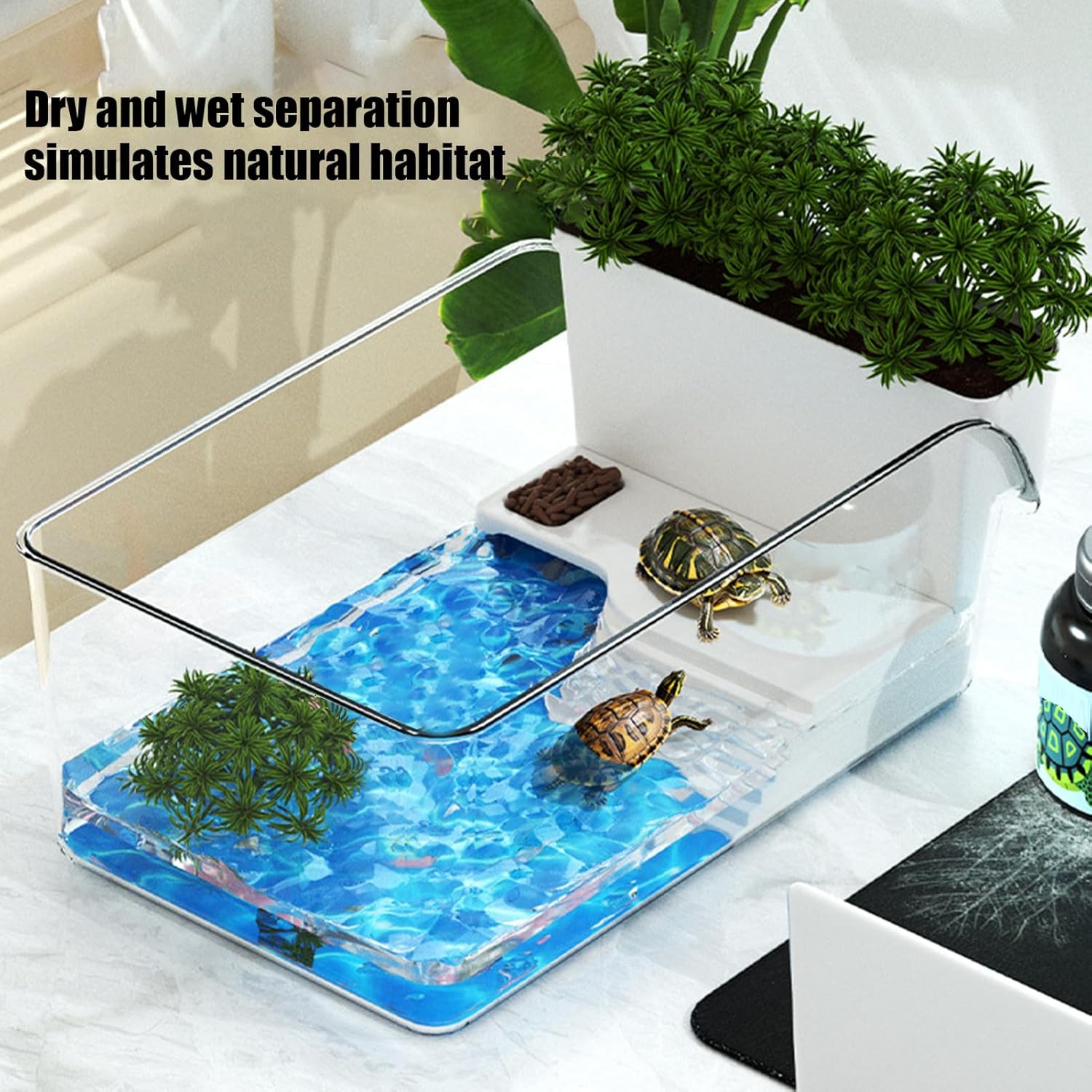 Turtle Tank, Transparent Turtle Terrarium, Decorative Habitat for Small Tortoise Crab Terrapin, Feeding & Basking Setup for Nature Educators, Pet Adoption Prep, Aquarium Display for Home