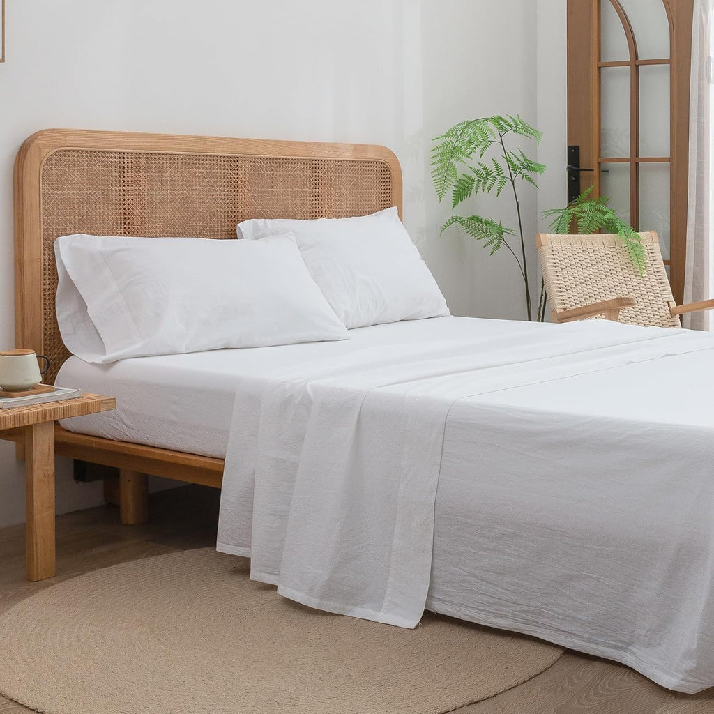 BESTOUCH Sheet Set 100% Washed Cotton Linen Feel Super Soft Comfortable Chic Lightweight 4 Pcs Home Bedding Set Solid Bright White Cal King