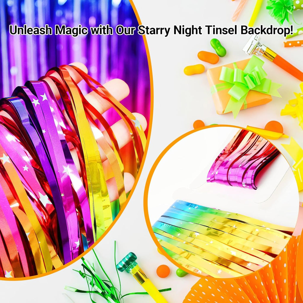Pack of 4 Sparkly Neon Rainbow Foil Fringe Curtain Backdrop Metallic Streamers Photo Booth Props for Birthday Bachelorette Gay Pride Day Graduation Wedding 80s 90s Disco Party Decorations -3.3x6.6Ft