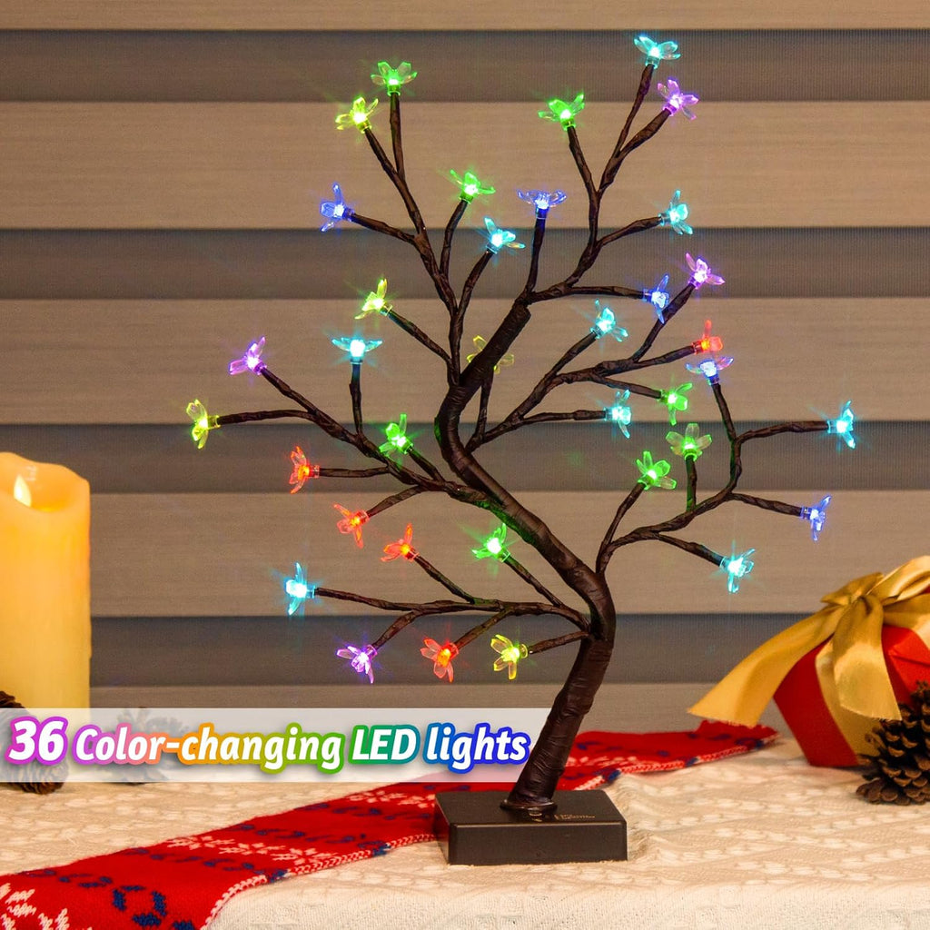 PEIDUO RGBW Cherry Blossom Tree, Light up Bonsai Tree 36 Color-Changing LED, Lit Spirit Tree Lamp with Controller for Christmas Indoor Home Bedroom Tabletop Decoration, USB/Battery Powered, 17.5 Inch