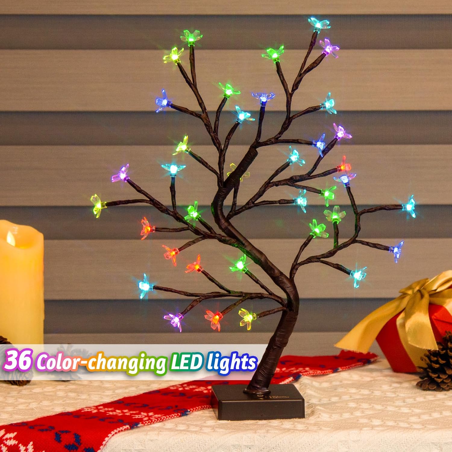 PEIDUO RGBW Cherry Blossom Tree, Light up Bonsai Tree 36 Color-Changing LED, Lit Spirit Tree Lamp with Controller for Christmas Indoor Home Bedroom Tabletop Decoration, USB/Battery Powered, 17.5 Inch