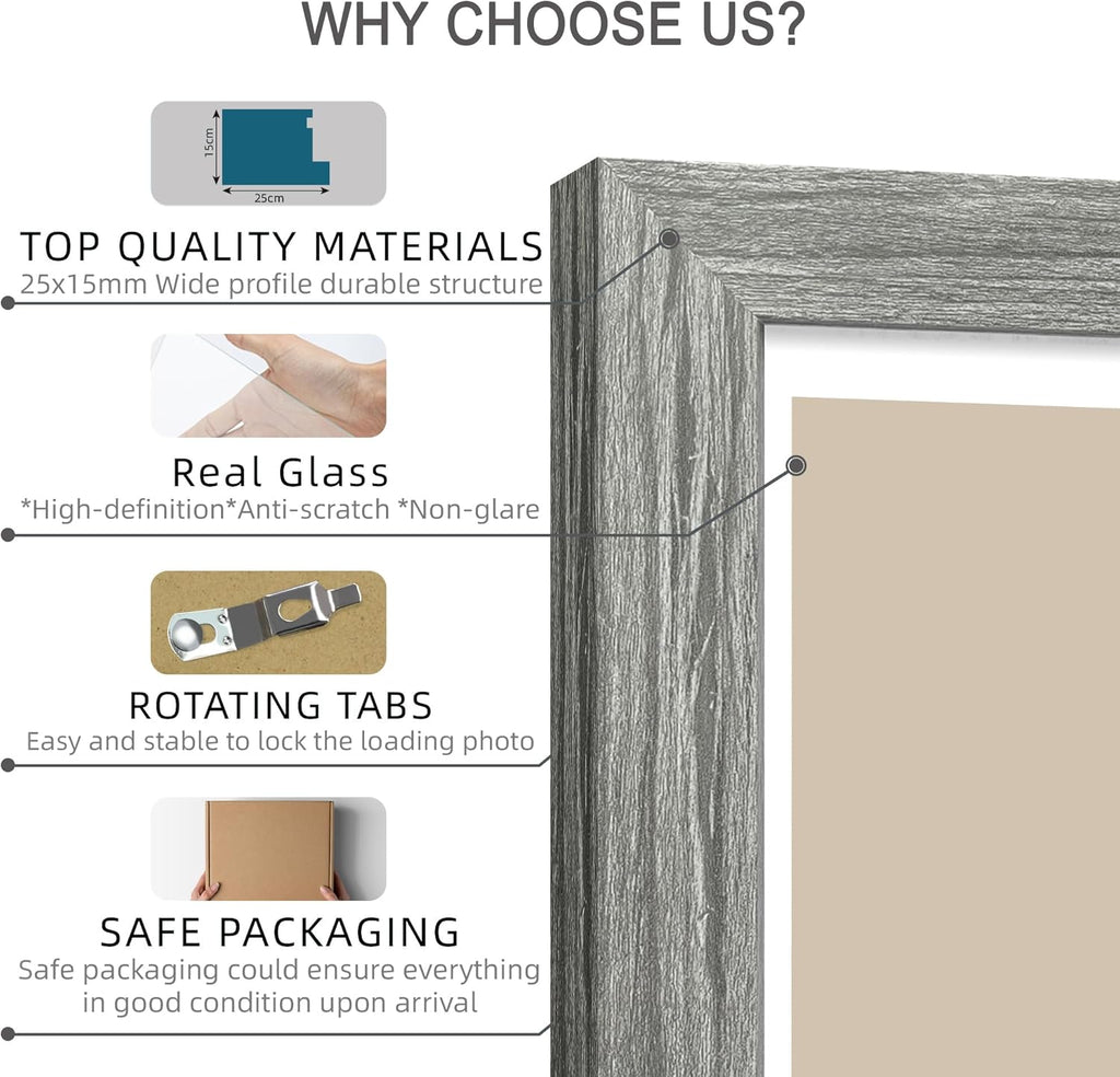 12x12 Picture Frame Set of 4 - Made of Glass and Grey Wooden Frame, Display Square Pictures 10x10 with Mat or 12 x 12 without Mat, Desktop & Wall Collage Photo Frame