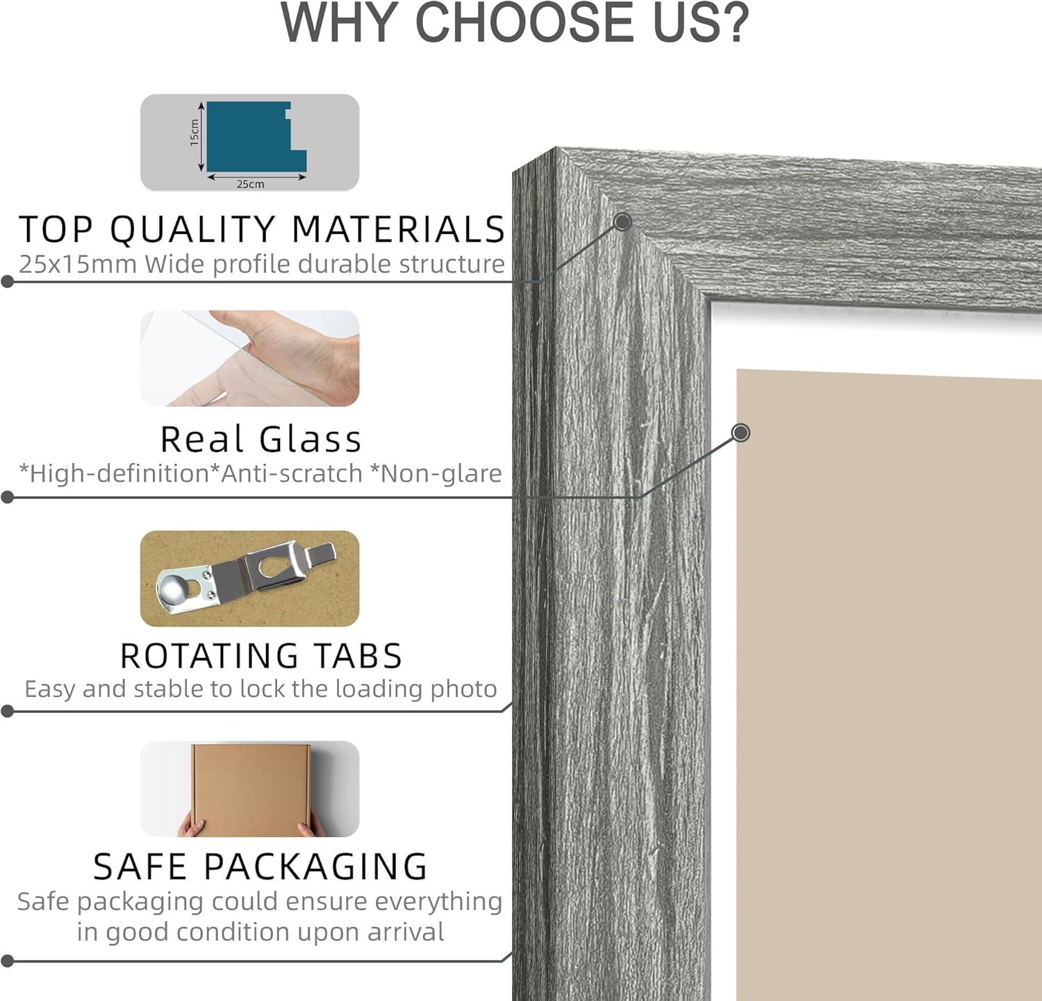 12x12 Picture Frame Set of 4 - Made of Glass and Grey Wooden Frame, Display Square Pictures 10x10 with Mat or 12 x 12 without Mat, Desktop & Wall Collage Photo Frame