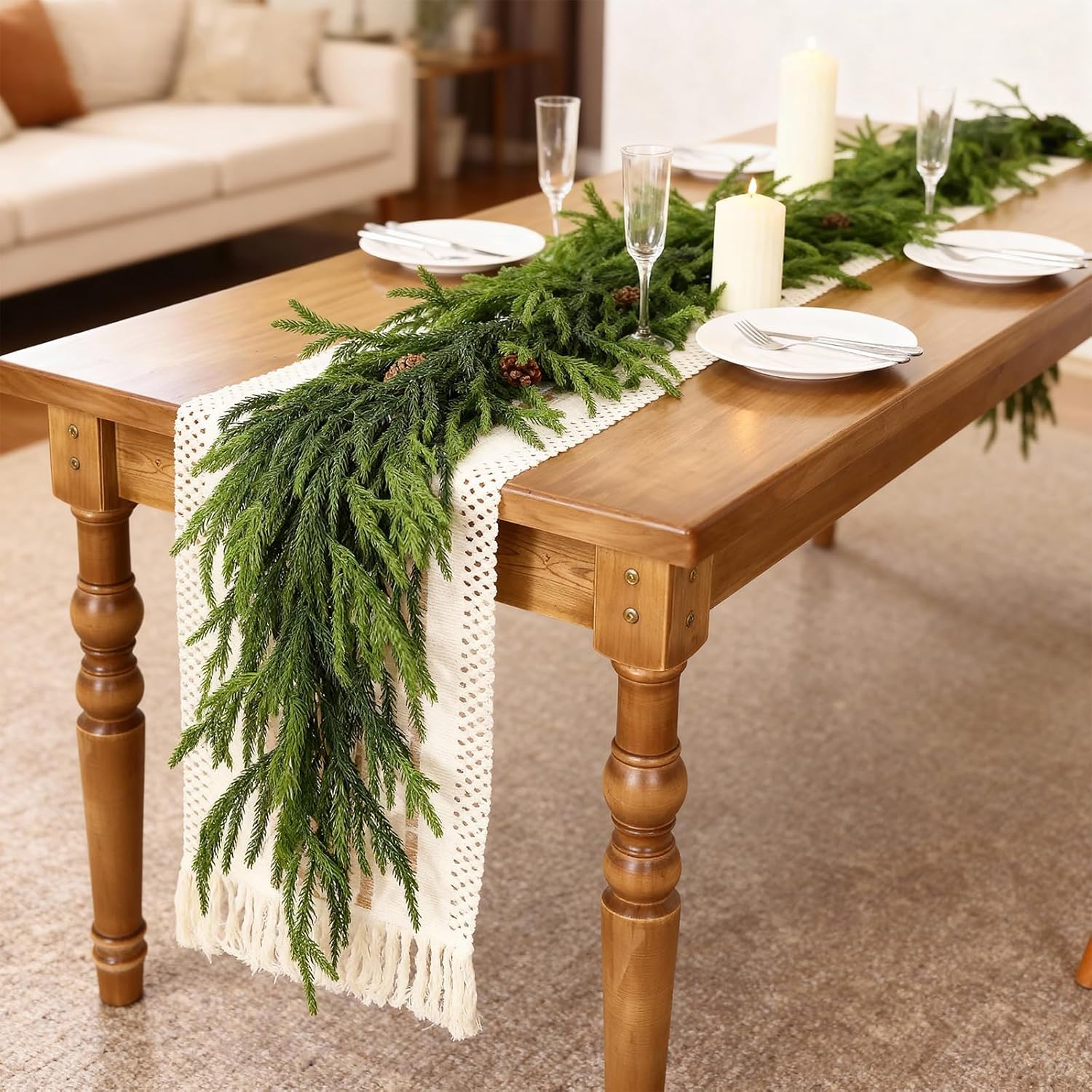 9FT Real Touch Norfolk Pine Garland - Artificial Christmas Garland Fake Green Faux Pine Needles Garland for Table Fireplace Mantle Holiday Home Indoor Outdoor Decor (2PCS)