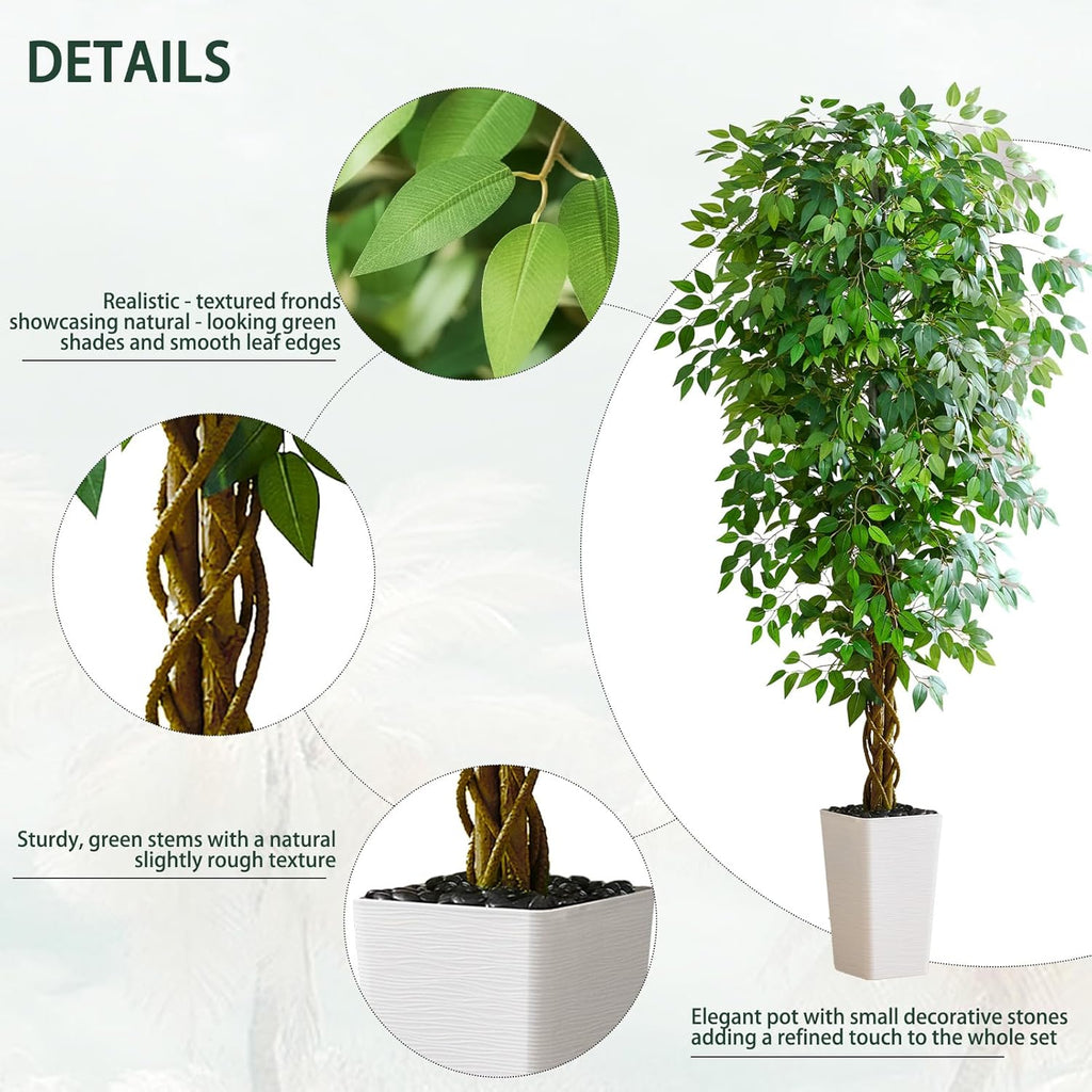 Artificial Ficus Tree 7FT Faux Floor Tree with Planter UV Resistant Potted Fake Silk Plant, Real Wood Trunk-Indoor Outdoor Lifelike Fake Ficus Tree for Home, Living Room Bedroom Topiary Tree