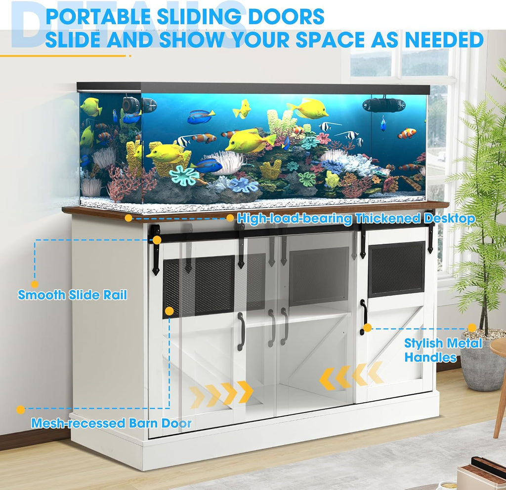 TITIMO 55-75 Gallon Fish Tank Stand with Power Outlet, Heavy Duty Large Aquarium Stand with Sliding Barn Door and Cabinet Storage for 2 Fish Tank Turtle Tank Reptile Terrarium, 1300LBS Capacity(White)