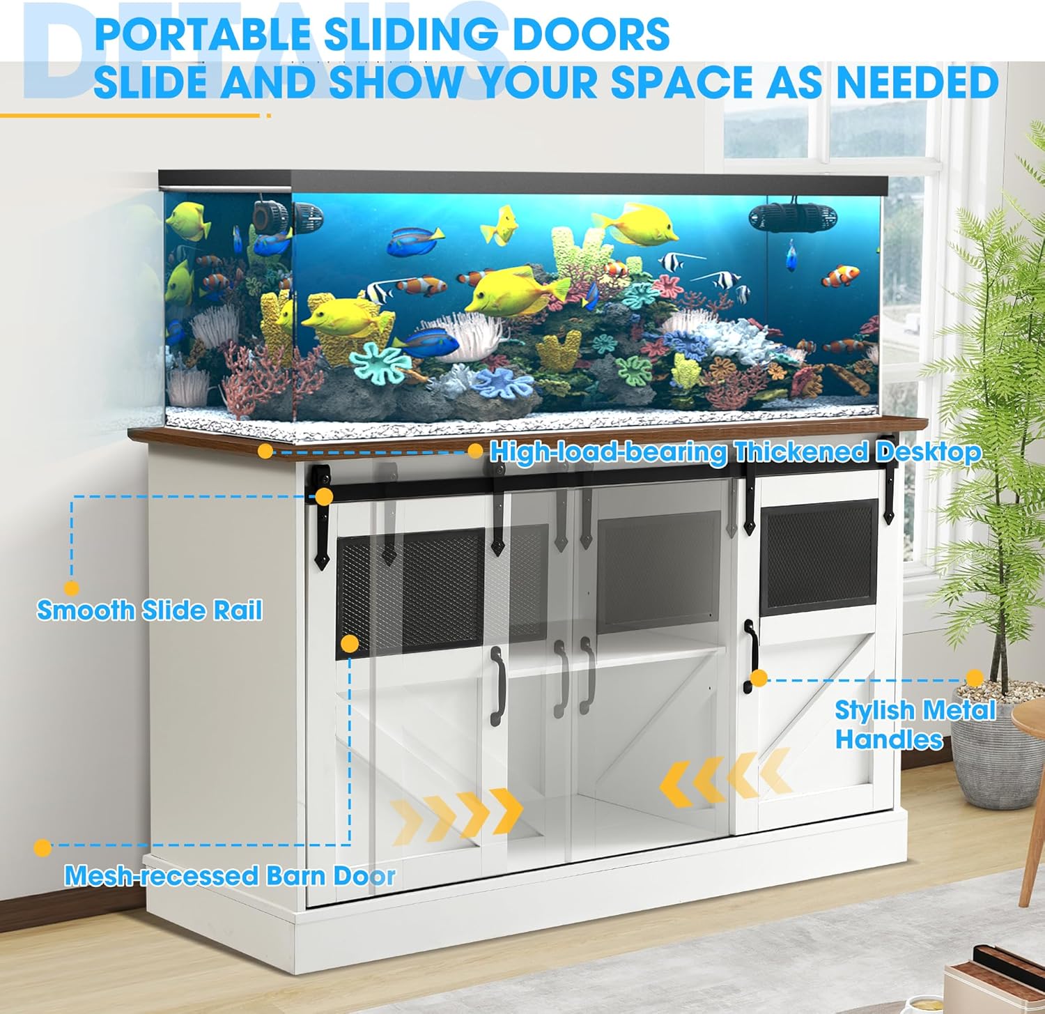 TITIMO 55-75 Gallon Fish Tank Stand with Power Outlet, Heavy Duty Large Aquarium Stand with Sliding Barn Door and Cabinet Storage for 2 Fish Tank Turtle Tank Reptile Terrarium, 1300LBS Capacity(White)
